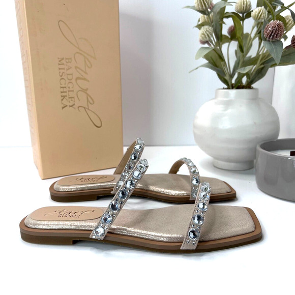 Jewel Badgley Mischka Honesty Flat Sandals Gemstone Studded Straps Women 6.5 NWB - Picture 3 of 9